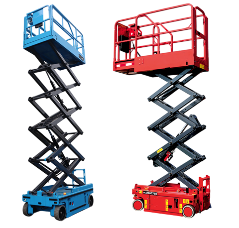 Plataformas de tijeras roja y azul en fondo transparente Plataformas de tijeras roja y azul en fondo transparente